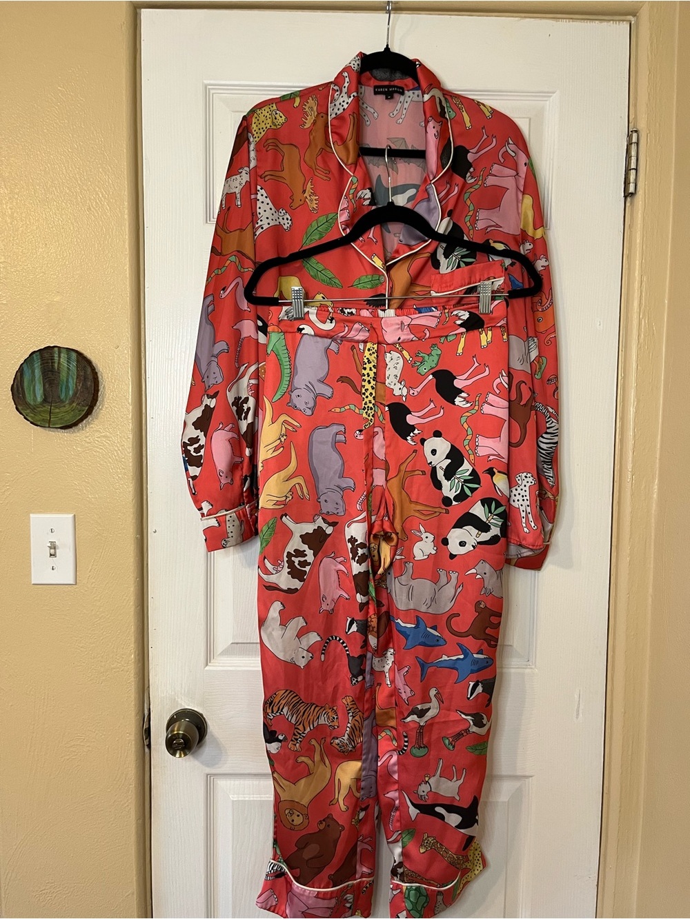 Anthropologie Karen Mabon Coral Zoo Animal Print Matching Satin Pajama Set